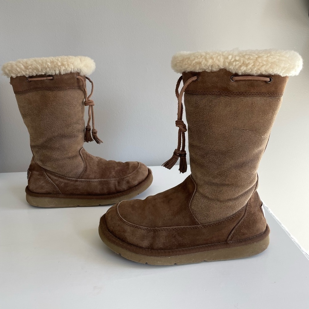 UGG Suede & Shearling Suburb Mid Calf Brown Boots with Tie & Tassels, Women’s 6 - Picture 4 of 9